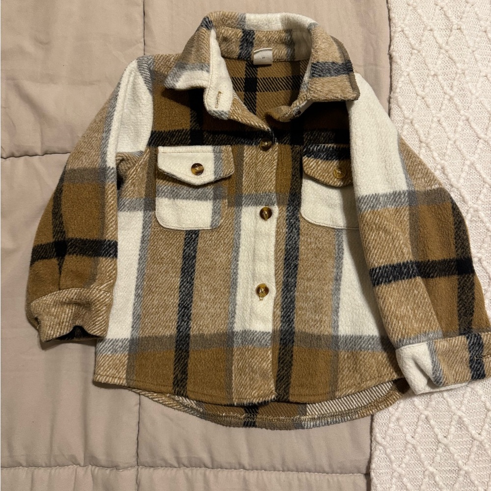 SHEIN toddler beige plaid flannel shacket jacket size 90